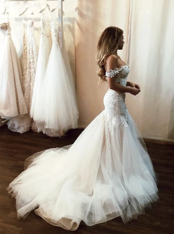 Women's Resort Garments Special Occasion Wear Stunning Off Shoulder Mermaid Lace Applique Wedding Dress With Tulle Skirt OW536