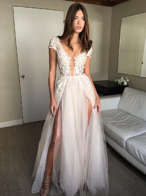 Women's Plus-Size Garments Trendy Styles Cap Sleeve A-line Lace Tulle Long Backless Prom Dress Split Evening Dress OP312