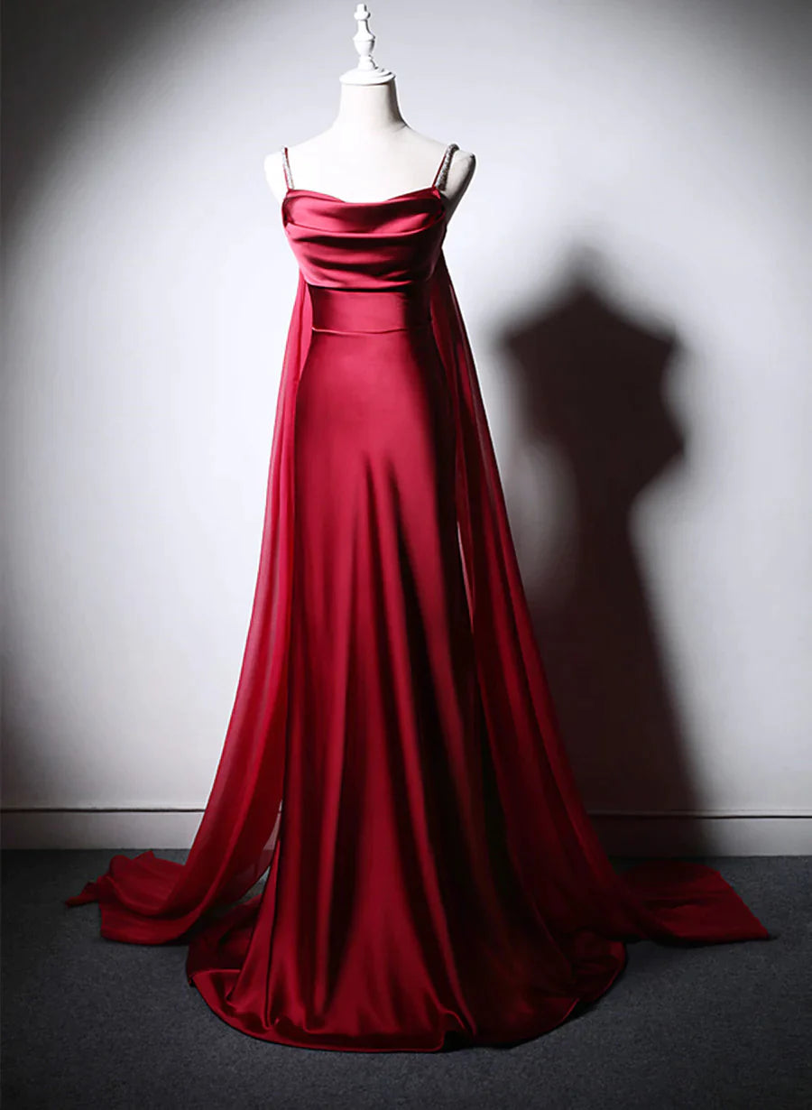 Women's Clothing Outfit Set Luxe Women's Fashion Wine Red Soft Satin Long Straps Long A-line Prom Dress, Wine Red Evening Dress