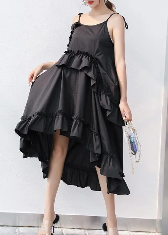 Women's Holiday Clothing Latest Fashion New Black Summer Ruffles Cotton Maxi Dresses