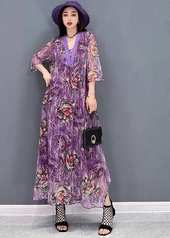 Women's Sporty Clothes Discounts On Casual Weekend Styles Boutique Purple V Neck Embroideried Hollow Out Tulle Maxi Dresses Half Sleeve