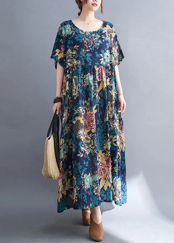 Women's High-Fashion Attire High End Women's Wear Blue Patchwork Wrinkled Holiday Maxi Dress Summer