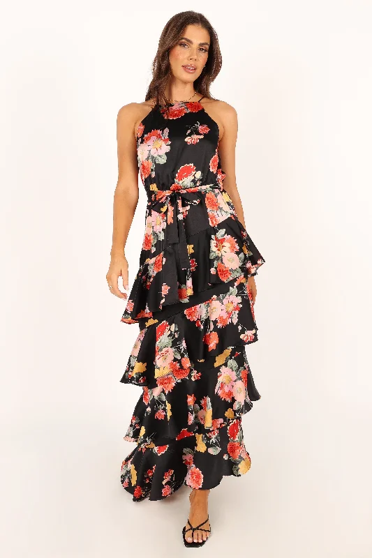 Charming Women's Outfit For Special Occasions Elegant Style Sarona Halterneck Maxi Dress - Black Floral