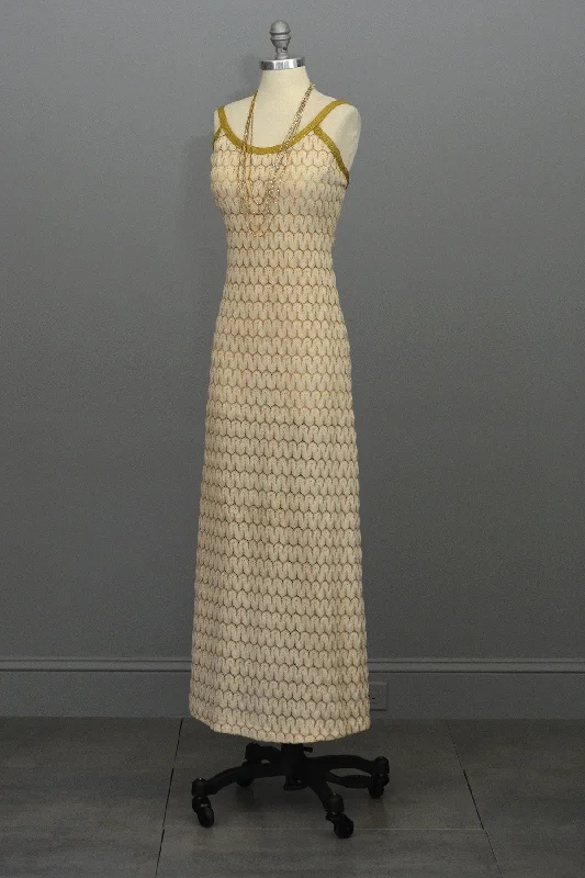 Timeless Women's Garments Sleek Design 1970s Cream Gold Textured Knit Maxi Dress