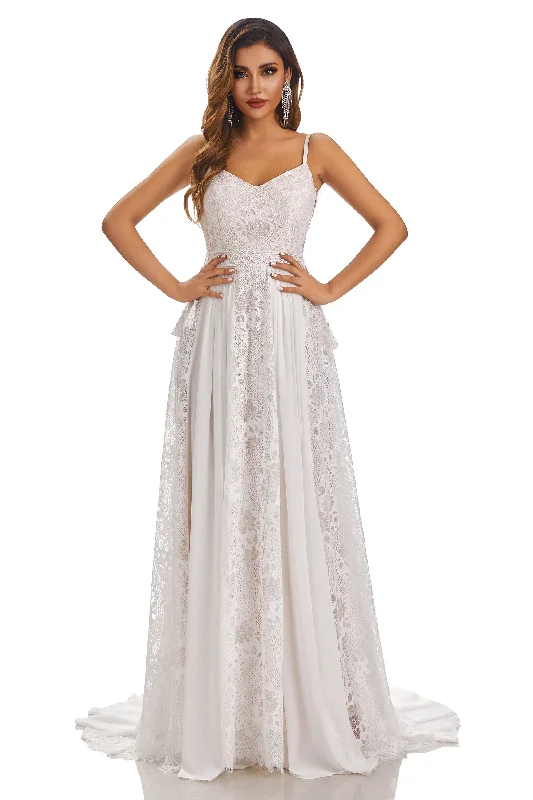 Women's Fashion Clothes Refined Look A-Line Spaghetti-Straps Sleeveless Chiffon Wedding Dress With Lace Appliques