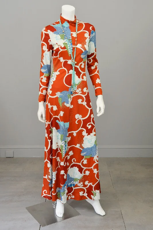 Comfortable Garments For Women Current Trends 1970s Burnt Orange Blue Retro Abstract Op Art Print Maxi Dress