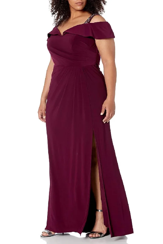 Women's Functional Apparel For Outdoor Activities Cutting Edge Fashion 14W - xscape wine red off the shoulder ruched jersey gown