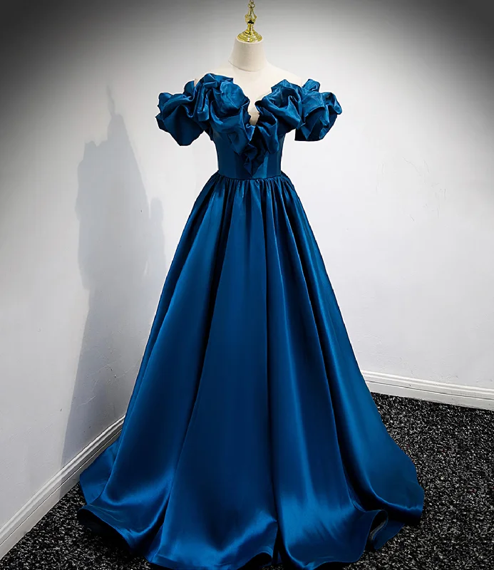 Women's Vintage Clothes Fashion Sale Blue satin long A line prom dress blue evening dress  8877