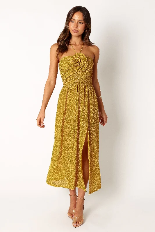 Women's Holiday Attire Limited Time Offer Arya Halterneck Midi Dress - Yellow