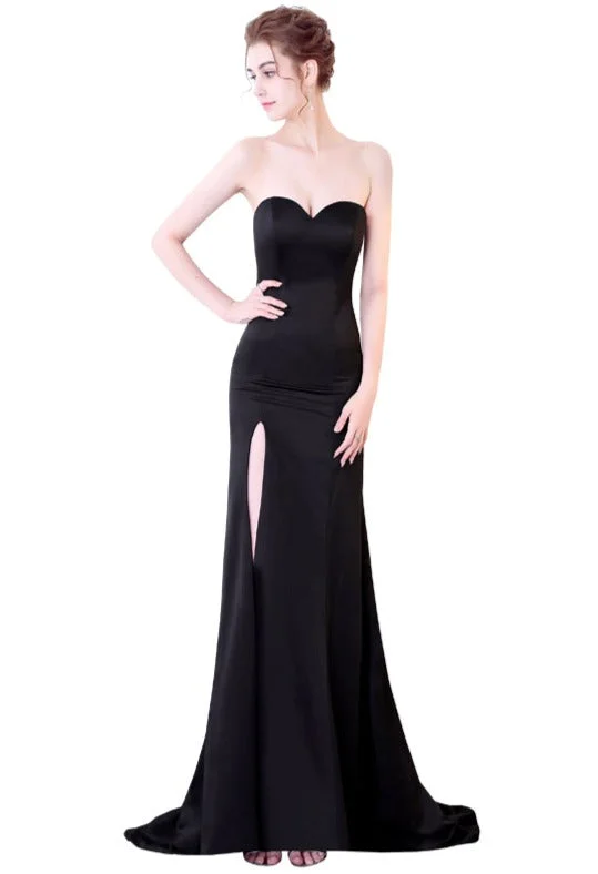 Women's Professional Garments Holiday Sale Simple Sheath Sexy Slit Black Soft Satin Party Dress