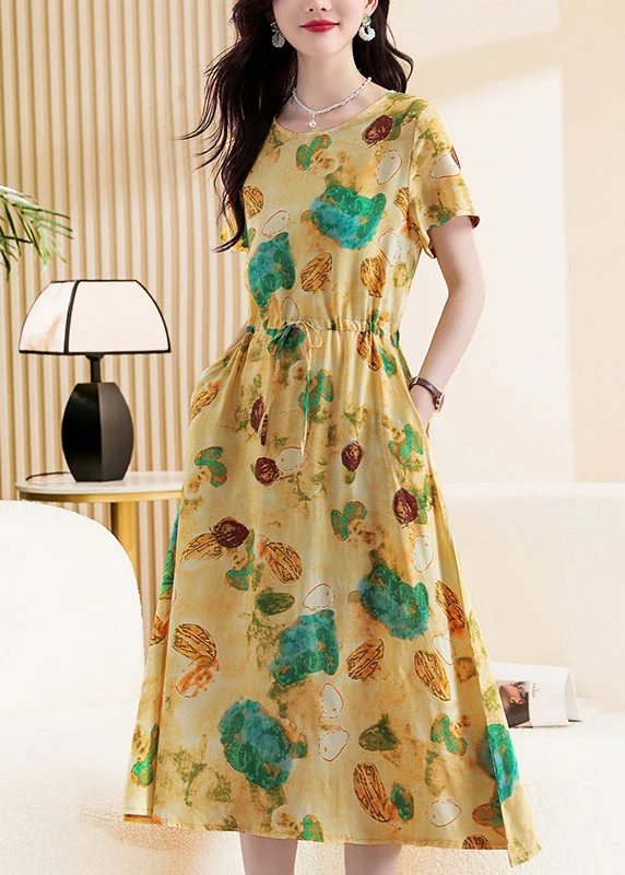 Casual Apparel For Women Bold Silhouette Cute Yellow Print Tie Waist Maxi Dresses Short Sleeve