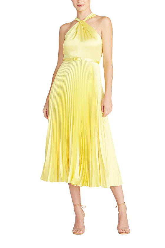 Women's Vacation Attire Minimalist Office - Ready Style Crossover Neckline Satin Midi Dress - Lemon