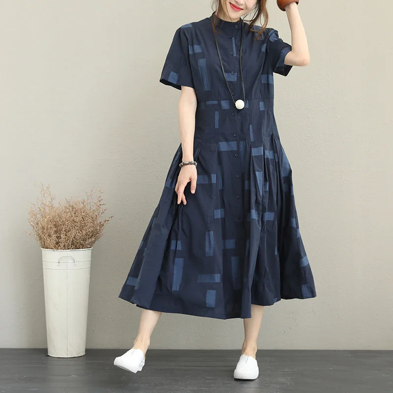 Comfortable Lounge Clothing Spring Fashion women blue natural cotton dress Loose fitting stand collar caftans boutique big hem shirt maxi dresses