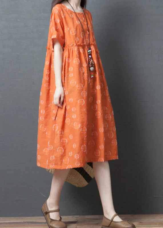 Women's Seasonal Apparel Everyday Glamour French Orange Dot Print Maxi Dress Short Sleeve