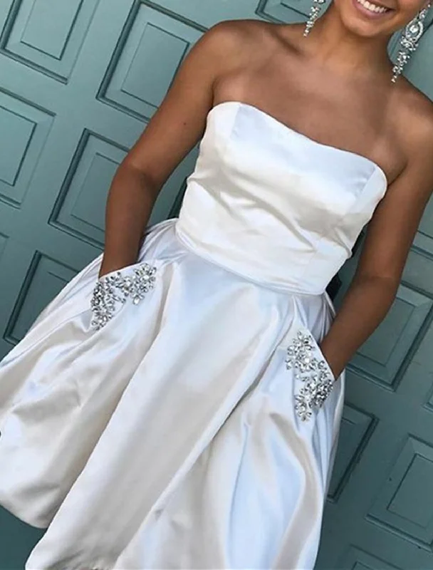 Women's Fashion Clothes Fashion For Every Occasion A-Line Homecoming Dresses Little White Dresses Dress Holiday Graduation Short / Mini Sleeveless Strapless Pocket Satin with Rhinestone