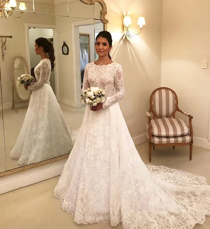 Women's Clothing Sets Luxe Layering Modest Elegant Lace Long Sleeves Chapel trailing Wedding Dress PO907