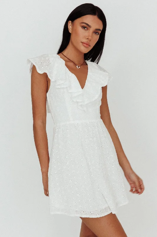 Stylish Women's Attire Refined Simplicity Kiarah Eyelet Ruffle Mini Dress White