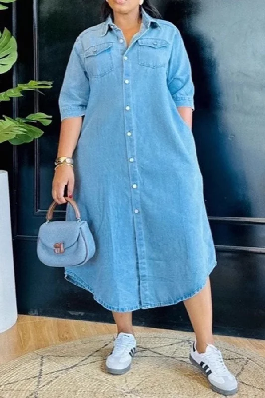 Women's Outdoor Attire Versatile Wardrobe Essentials Solid Color Denim Relaxed Single Breasted Midi Dress