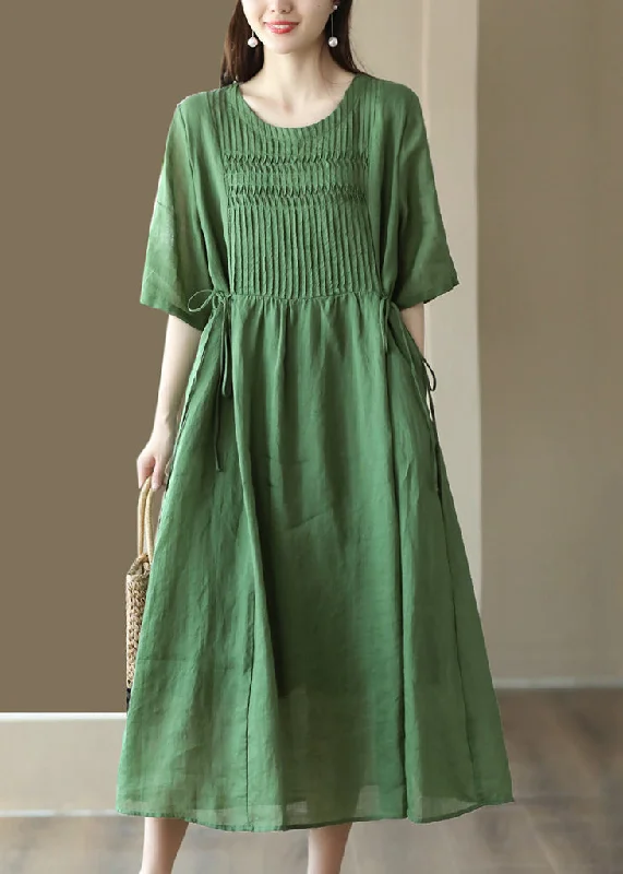 Timeless Women's Clothing Fashion Forward, Function First Green Wrinkled Tie Waist Linen Maxi Dress Short Sleeve