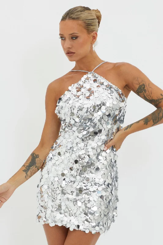 Women's Clothing With Trendy Designs Premium Fashion Champagne Twist Sequin Mini Dress Silver