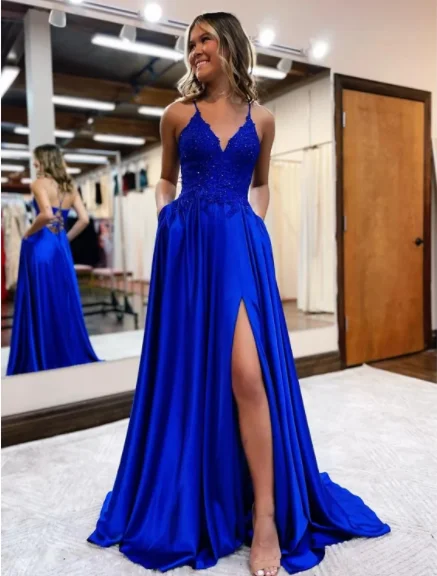 Women's Formal Event Attire Contemporary Elegance Prom Dresses Formal Sleeveless V Neck Satin Backless with