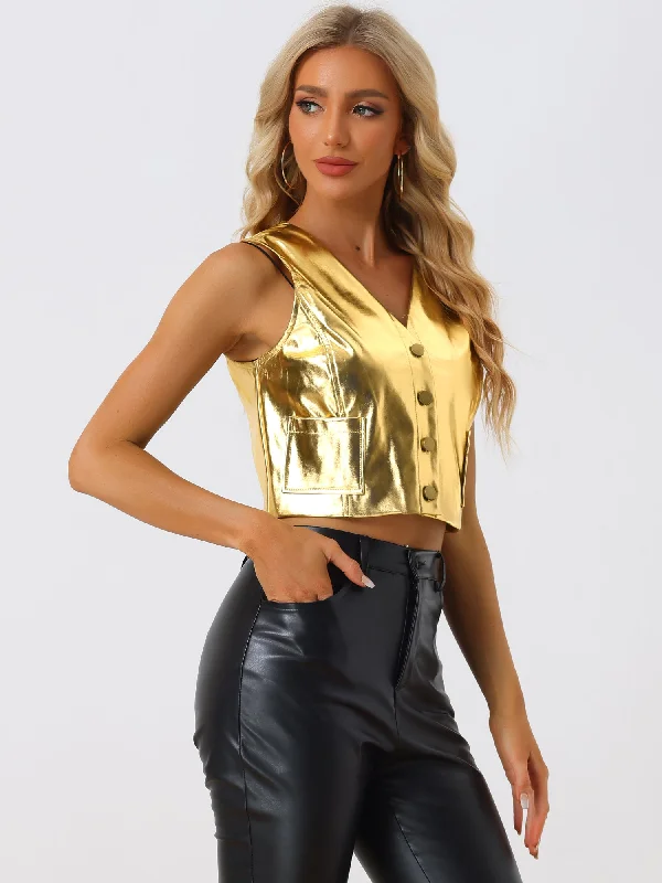 Women's Professional Garments Graceful Fashion V Neck Holographic Sleeveless Metallic Crop Jacket Vest