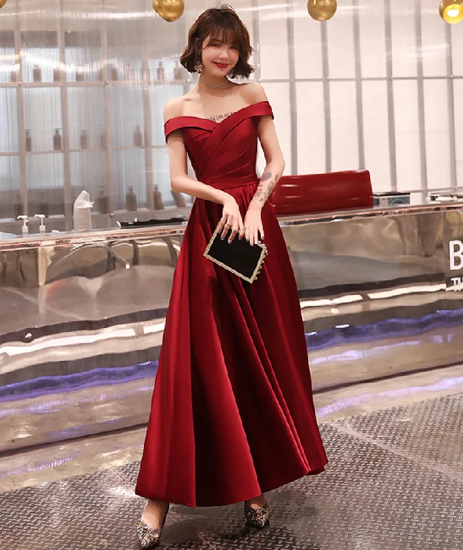 Women's Elegant Formal Outfit Luxe Layering Burgundy satin A line prom dress party dress  8381