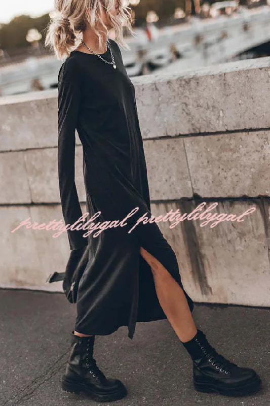 Women's Fashionable Attire For Work Evening Elegance The Bedisse Cotton Blend Long Sleeve Relaxed Slit Midi Dress