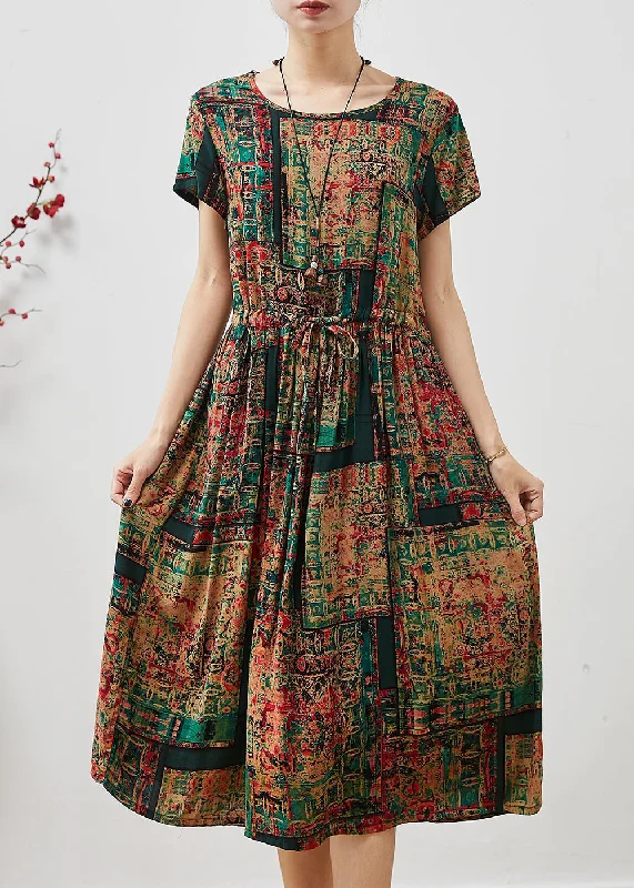 Women's Wedding Apparel Vintage Elegance Chic Brown Cinched Print Cotton Maxi Dresses Summer