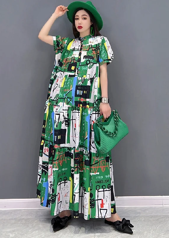 Women's Party Clothes Save On Classic Elegant Styles Casual Green Stand Collar Patchwork Exra Large Hem Print Chiffon Maxi Dress Short Sleeve