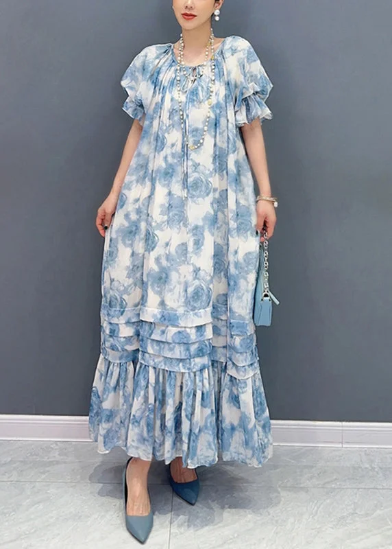 Comfortable Women's Clothes Cottagecore Rustic Charm Style Bohemian Blue O-Neck Ruffled Patchwork Print Chiffon Maxi Dresses Summer