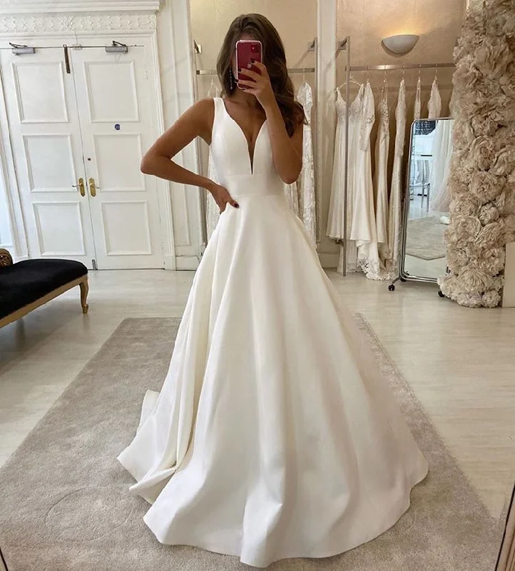 Stylish Women's Clothing Luxury Comfort New Arrival V-neck Ivory Simple A-line Prom Dresses Beach Wedding Dresses OW091