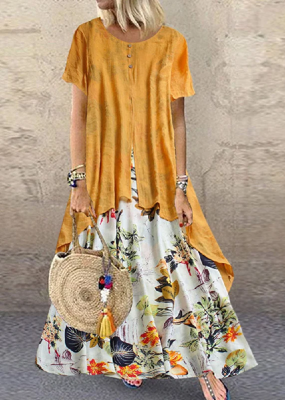 Women's Vintage Clothes Mid Season Sale Vintage Short Sleeve O-neck Print Patchwork Pocket Long Maxi Dress For Women