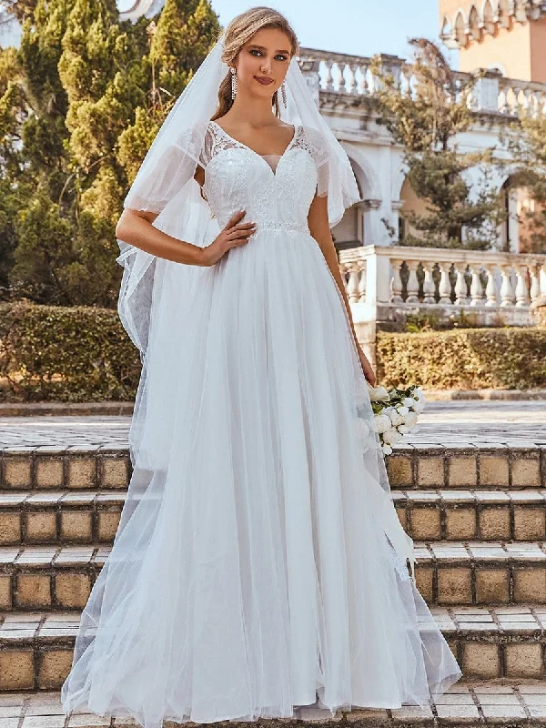 Luxury Women's Clothes Trendy Street Style Clothing Elegant A line V-neck Wedding Gown with Cover Sleeves Wedding Dresses