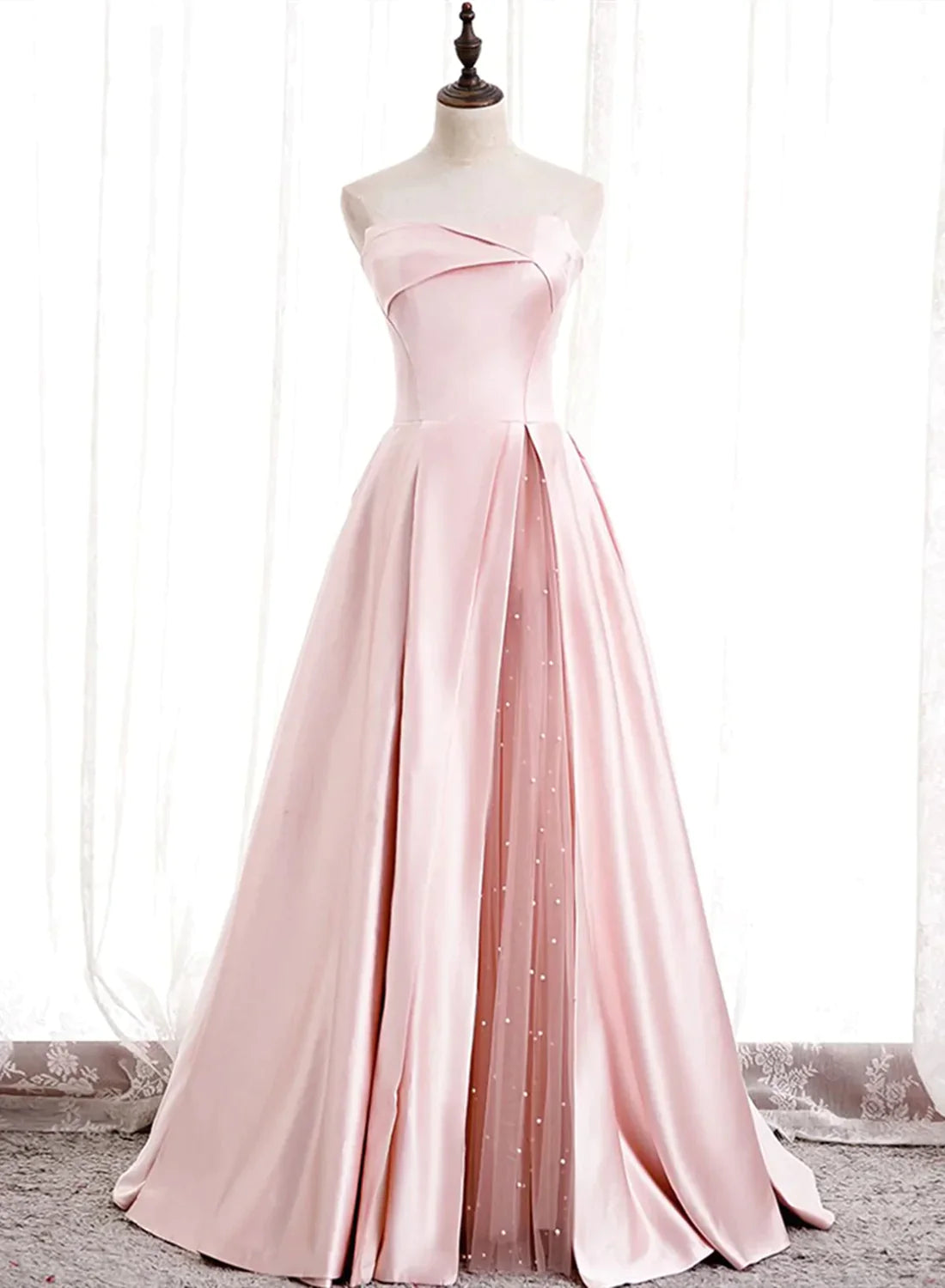 Women's Outfit For The Office Trendy Street Style Clothing Strapless A-line Pink Satin Prom Dresses, Pink Satin Long Party Dress