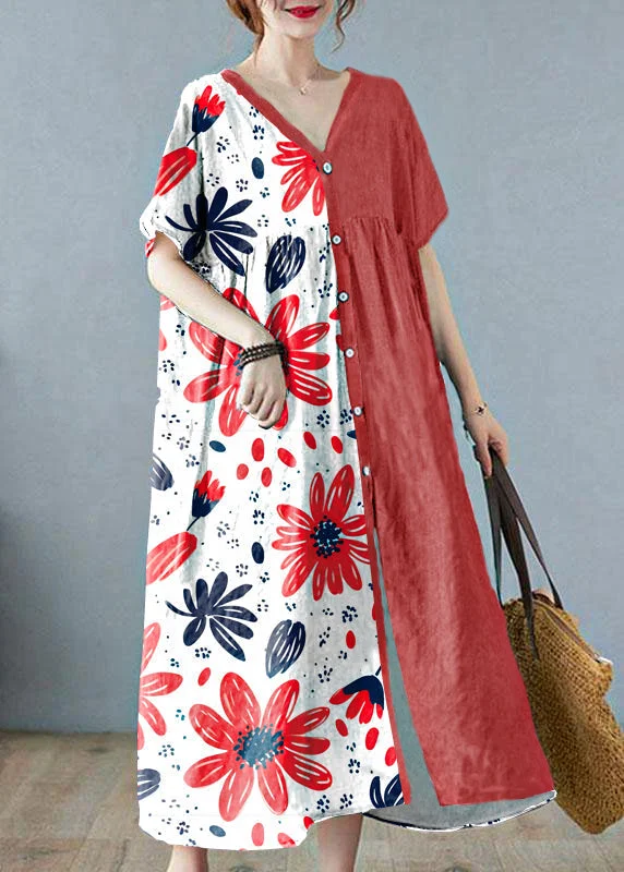 Women's Contemporary Clothing Gorgeous Glamour Collection Plus Size Red flower Retro Button Summer Print Half Sleeve Maxi Dress