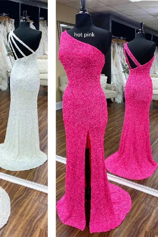 Luxury Women's Clothes Designer Wear On Sale One Shoulder White Sequins Long Formal Gown