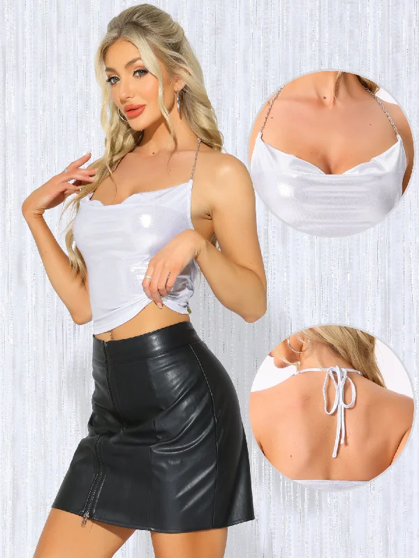 Women's Comfortable Garments Relaxed Fashion Metallic Sleeveless Backless Y2K Shiny Halter Cami Tops