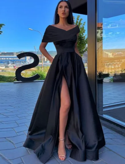 Women's Attire Bold Patterns Prom Dresses Little Black Dress Dress Formal Floor Length Short Sleeve Off Shoulder Satin with Ruched Slit