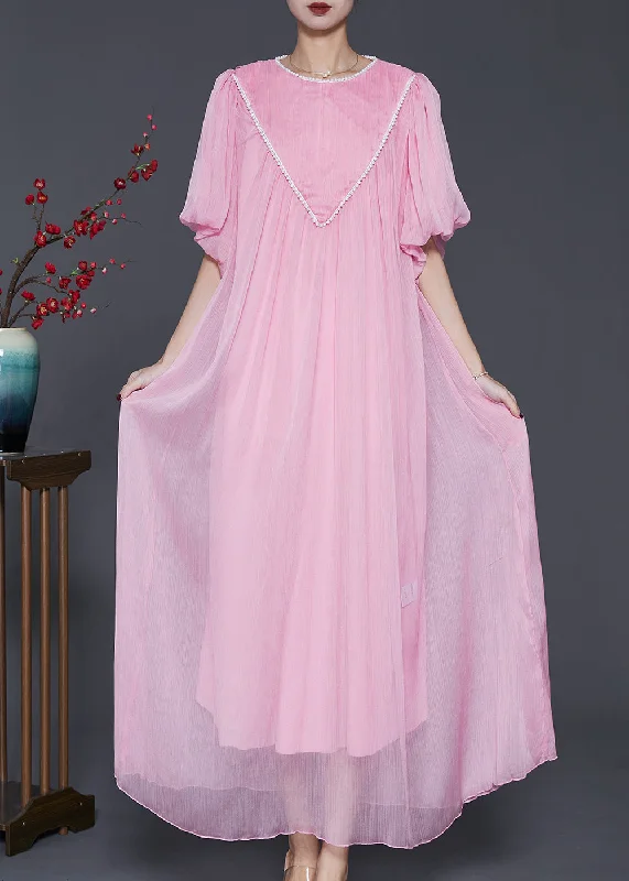 Chic Women's Outfit Trend Leading Collection Pink Chiffon Maxi Dress Exra Large Hem Nail Bead Lantern Sleeve