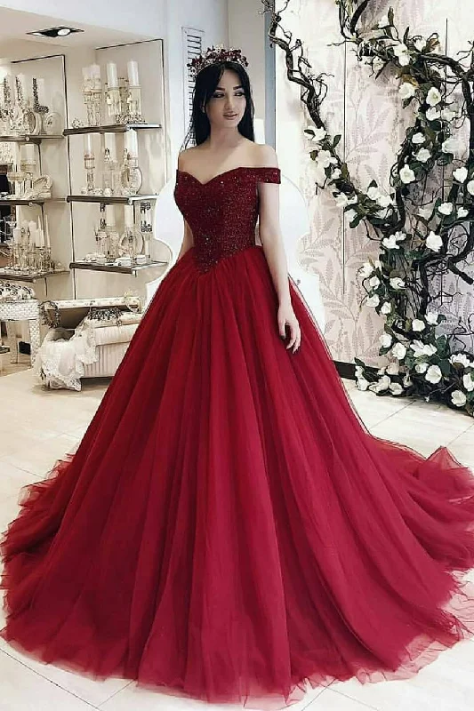 Women's Casual Wear Clothes Quick Grab Deals Gorgeous Off Shoulder Beaded Burgundy Long Prom Gown