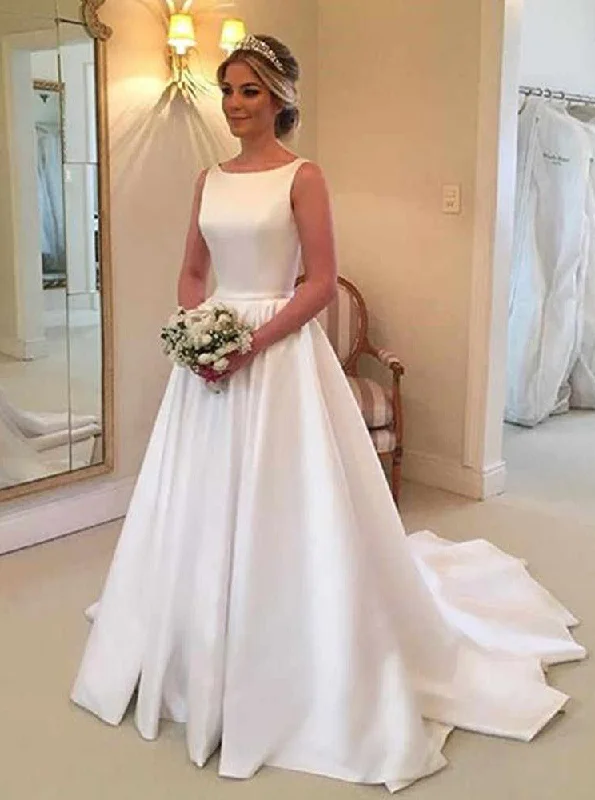 Casual Chic Women's Clothes Graceful Cut Simple A-Line Bateau Satin Backless Wedding Dress With Train OW381