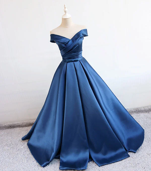 Women's Comfy Attire For Lounging Disco - Inspired Retro Dance Look Blue v neck satin long prom dress, blue evening dress  7897