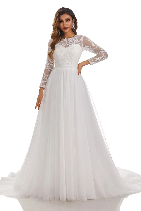 Fashionable Women's Clothing Seasonal Trend A-Line Round Neck Long Sleeves Tulle Wedding Dress With Lace Appliques