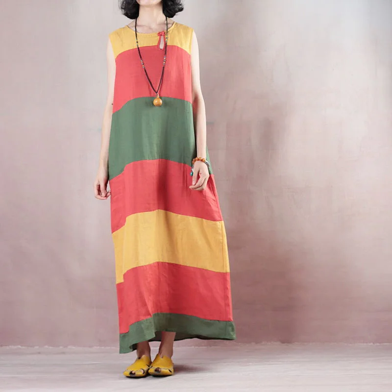 Women's Plus-Size Outfit Seize Bargains New multicolor striped linen maxi dress trendy plus size O neck linen maxi dress Fine Sleeveless baggy dresses