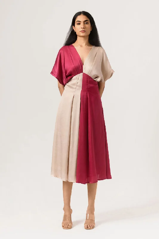 Classic Women's Clothing Styles Dreamy Draping Wine-Ecru Square Panelled Midi Dress