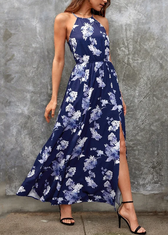 Women's Comfortable Lounge Garments Refined Look New Navy Side Open Print Cotton Maxi Dresses Summer