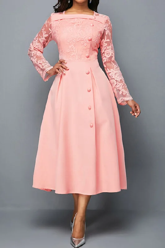 Stylish Women's Garments For Holidays Special Occasion Wear Solid Color Sweet Lace Patchwork Midi Dress