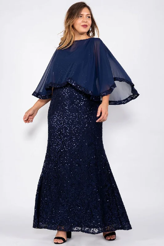 Women's Holiday Attire Elegant Attire For The Modern Lady Marina Long Plus Size Lace Formal Cape Dress Navy