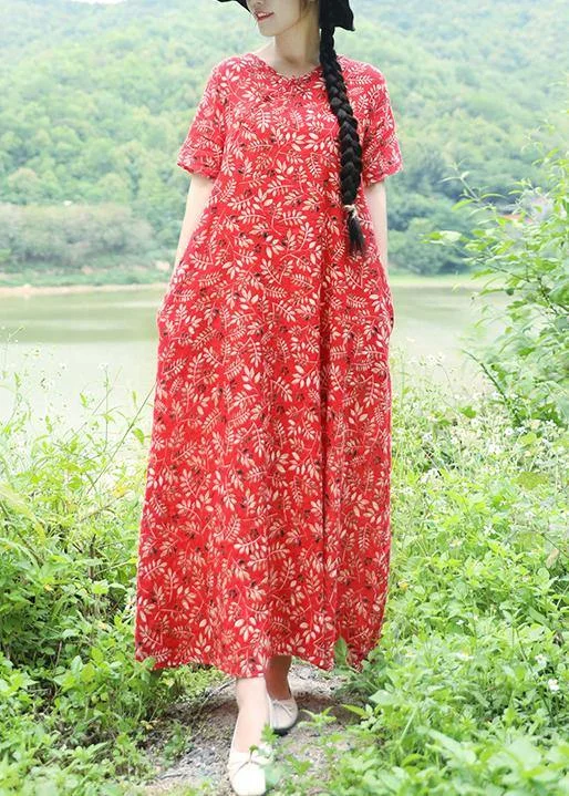 Women's Clothing For Travel Chic Styles Vivid v neck linen Long Shirts Catwalk red print Maxi Dresses summer